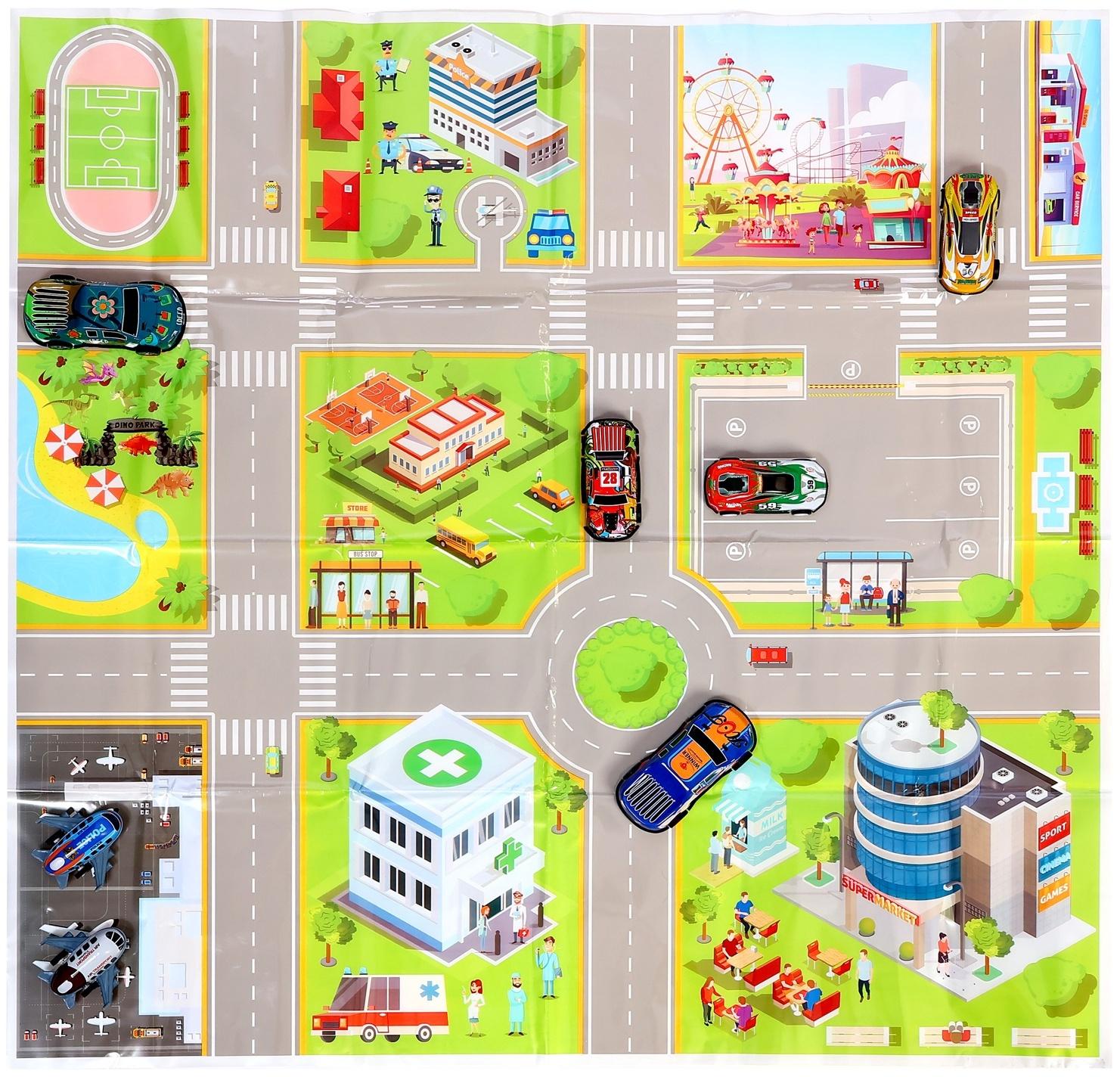 Набор машинок «Безумные гонки», металлические, инерция, игровой коврик, в детском ящике на колёсах с крышкой, 50 шт.