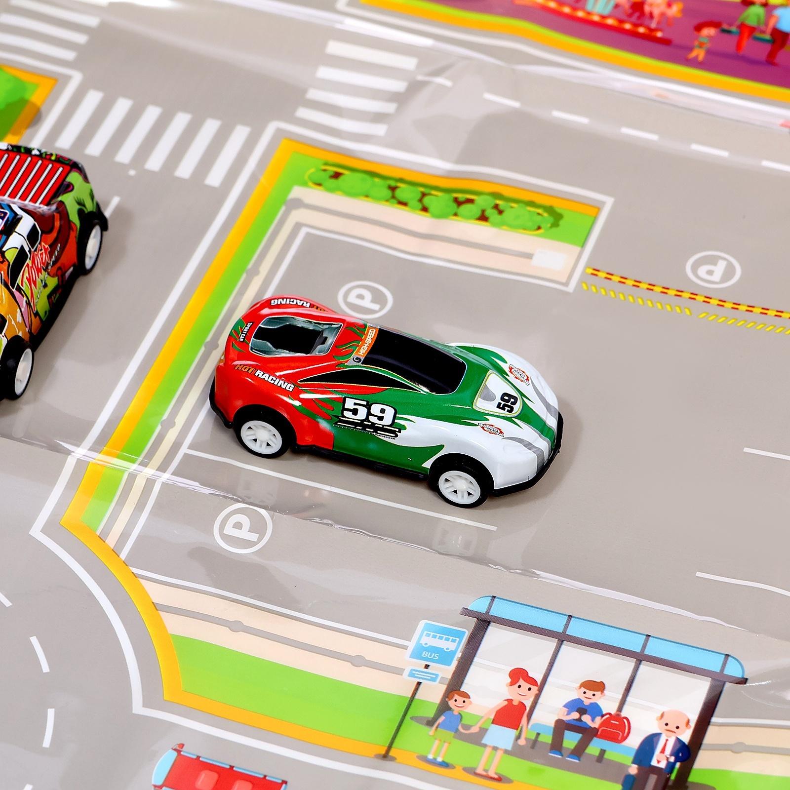 Набор машинок «Безумные гонки», металлические, инерция, игровой коврик, в детском ящике на колёсах с крышкой, 50 шт.