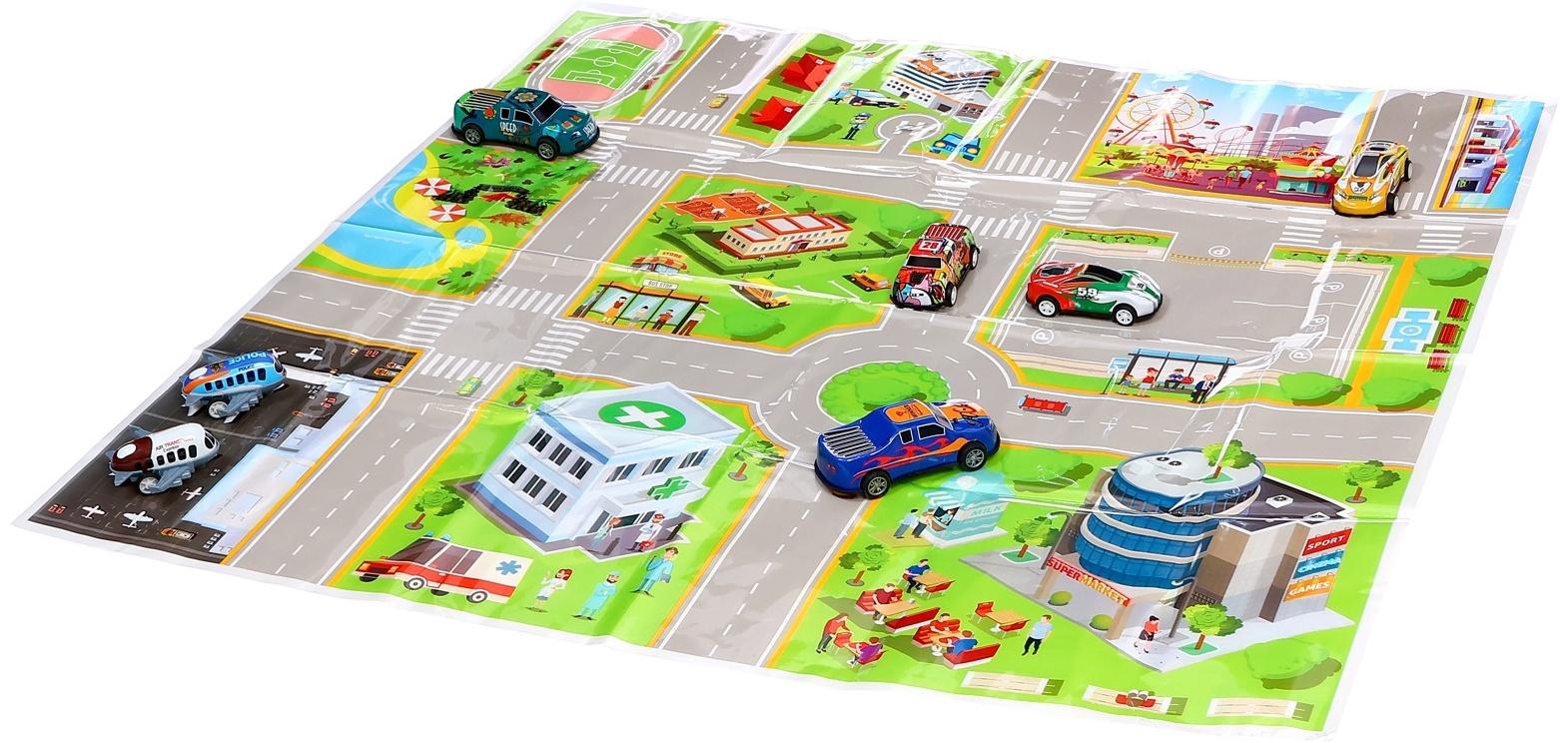 Набор машинок «Безумные гонки», металлические, инерция, игровой коврик, в детском ящике на колёсах с крышкой, 50 шт.