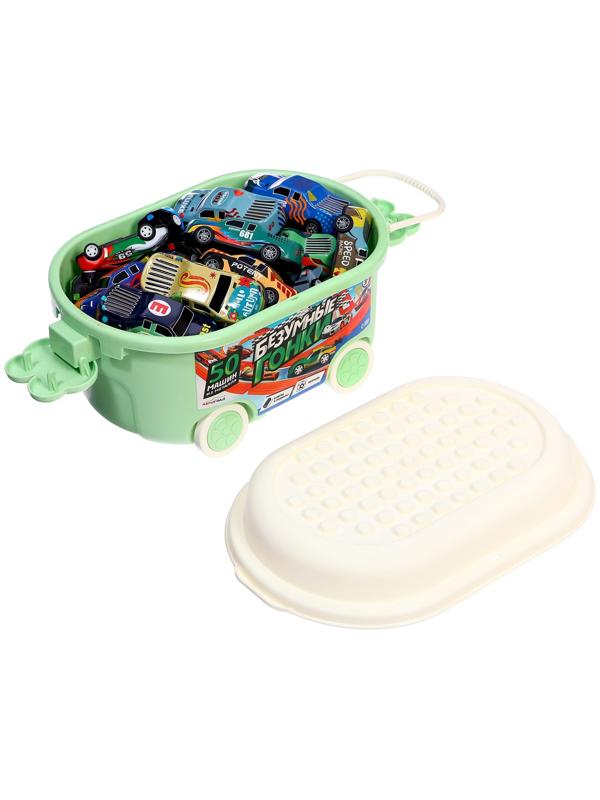 Набор машинок «Безумные гонки», металлические, инерция, игровой коврик, в детском ящике на колёсах с крышкой, 50 шт.
