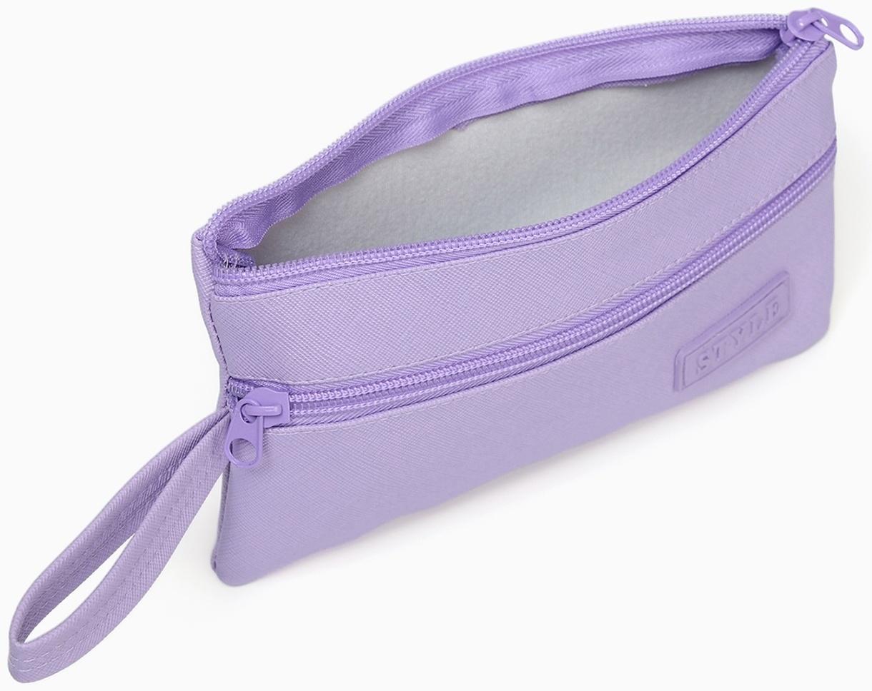 Косметичка-пенал на молнии, плоская, с карманом, сиреневая