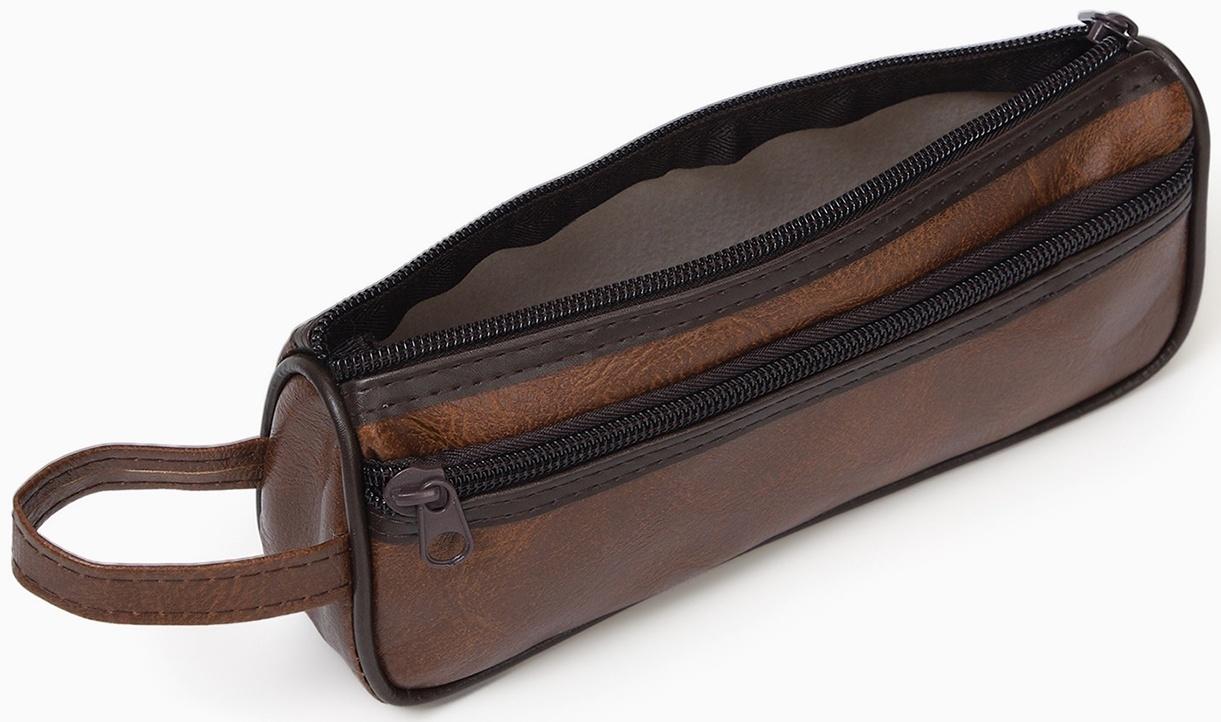 Косметичка-пенал на молнии с карманом, из искусственная кожи, коричневая