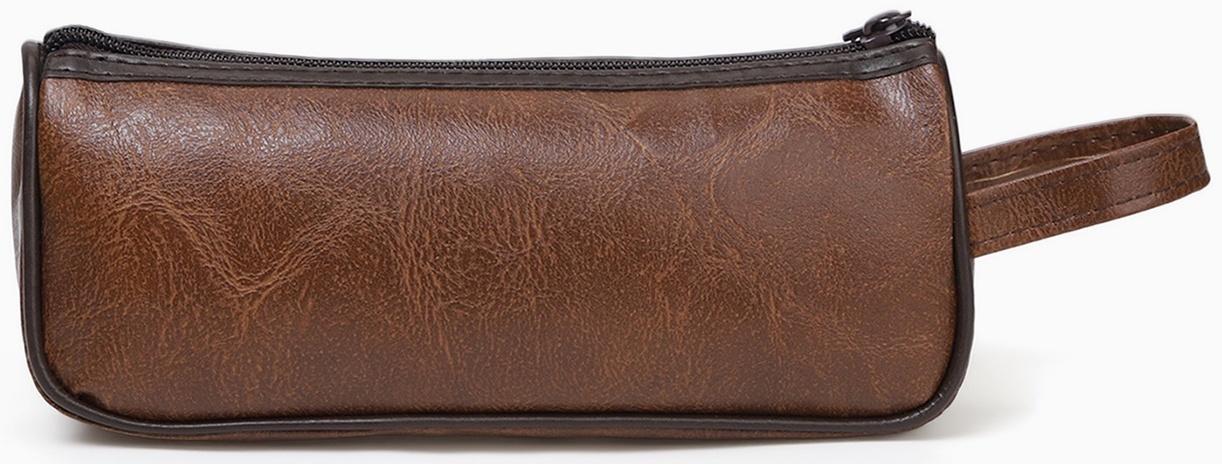 Косметичка-пенал на молнии с карманом, из искусственная кожи, коричневая
