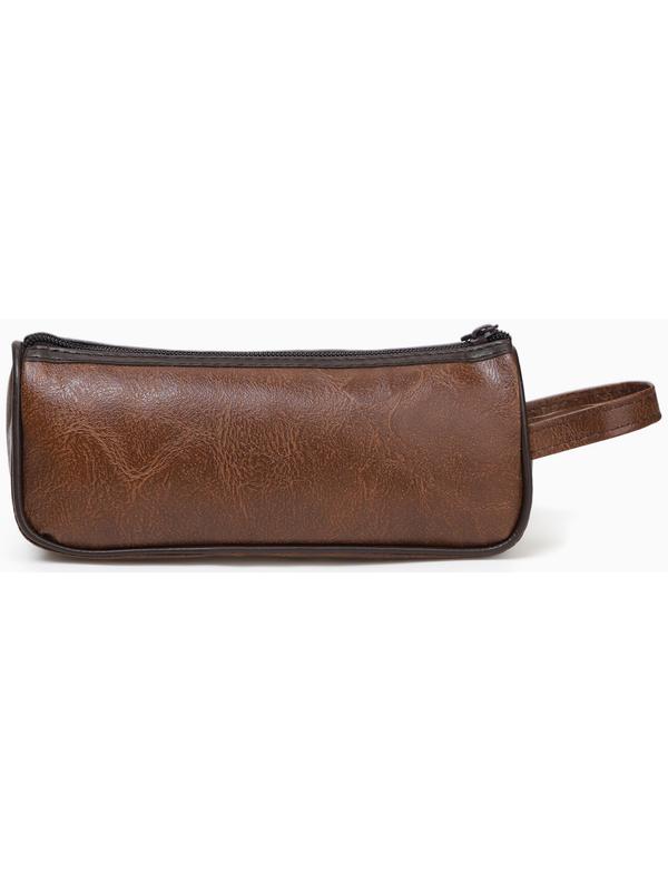 Косметичка-пенал на молнии с карманом, из искусственная кожи, коричневая