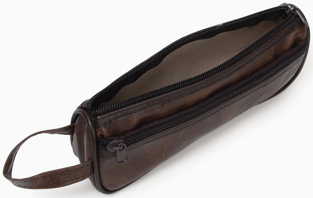 Косметичка-пенал на молнии с карманом, из искусственная кожи, кофейная
