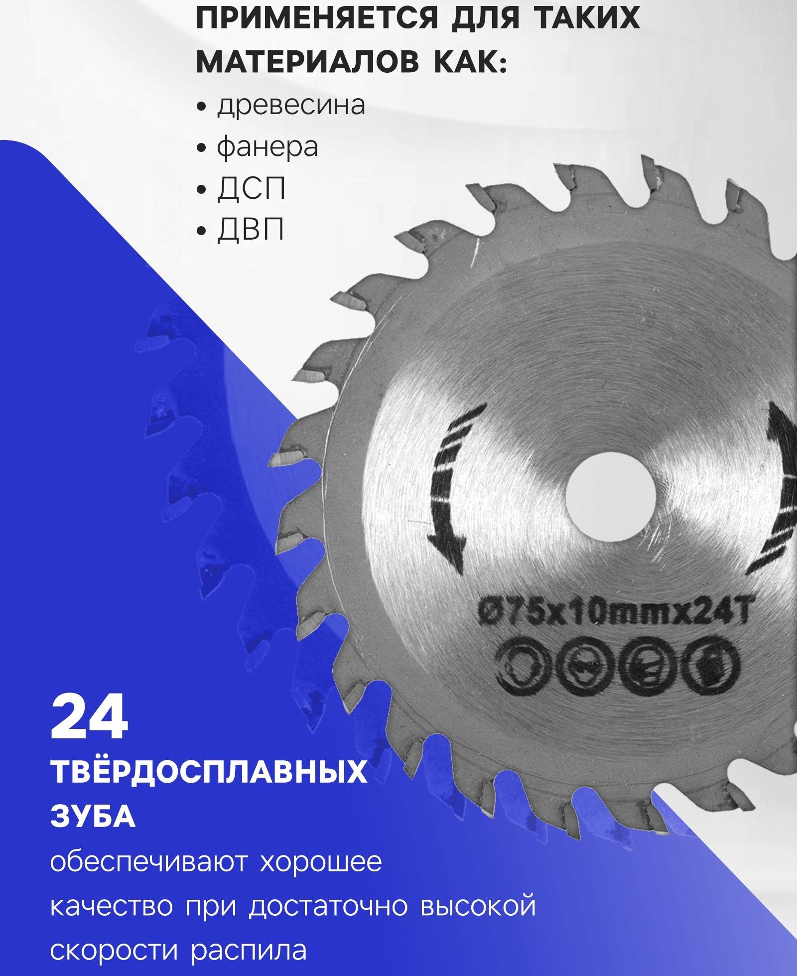 Диск пильный по дереву ТУНДРА, стандартный рез, 75×10 мм, 24 зуба