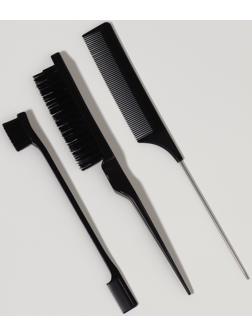 Набор расчёсок, 3 предмета: щётка, с хвостиком, мини-щётка, чёрный