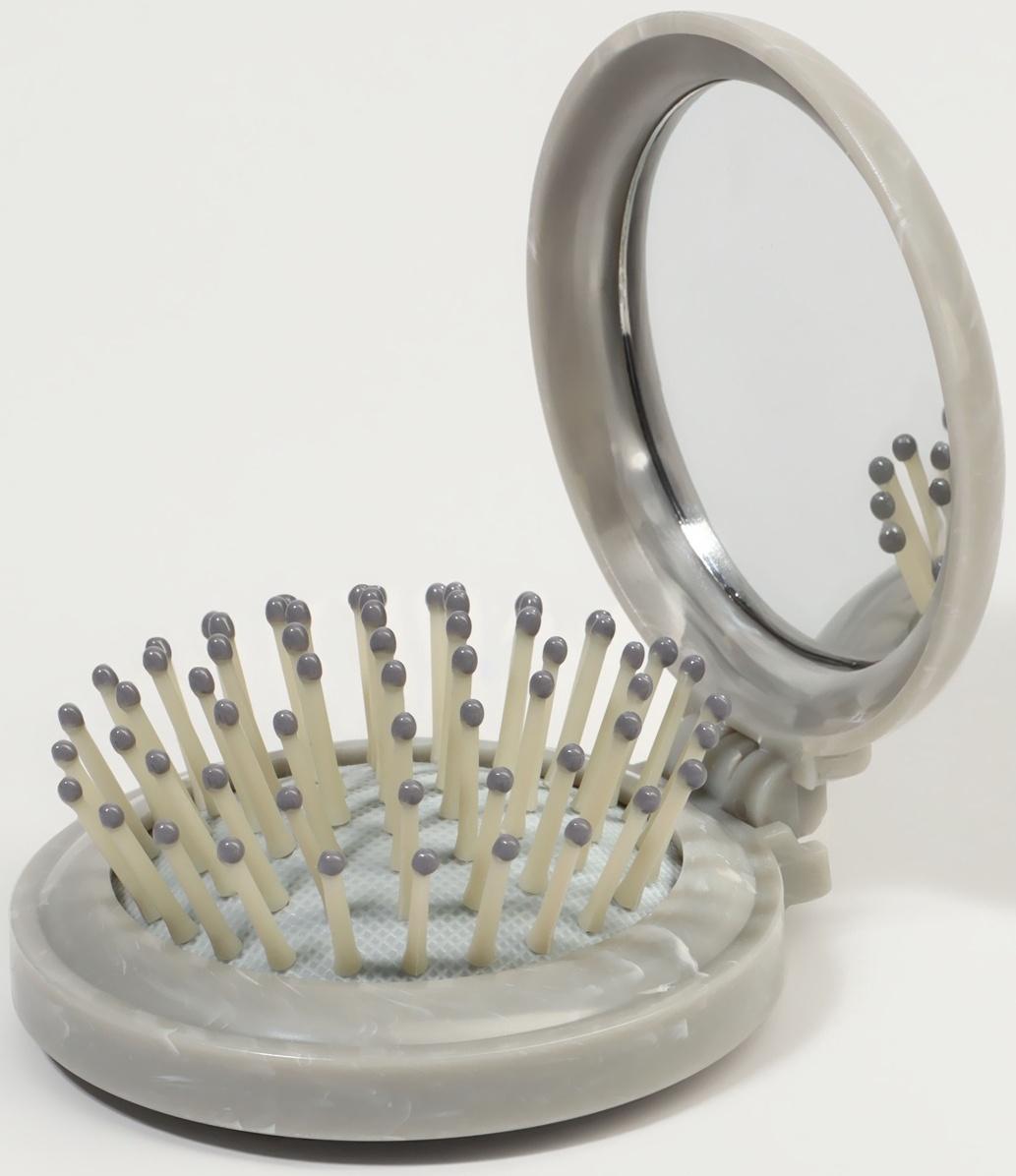 Расчёска массажная, складная, с зеркалом, d=7 см, серая