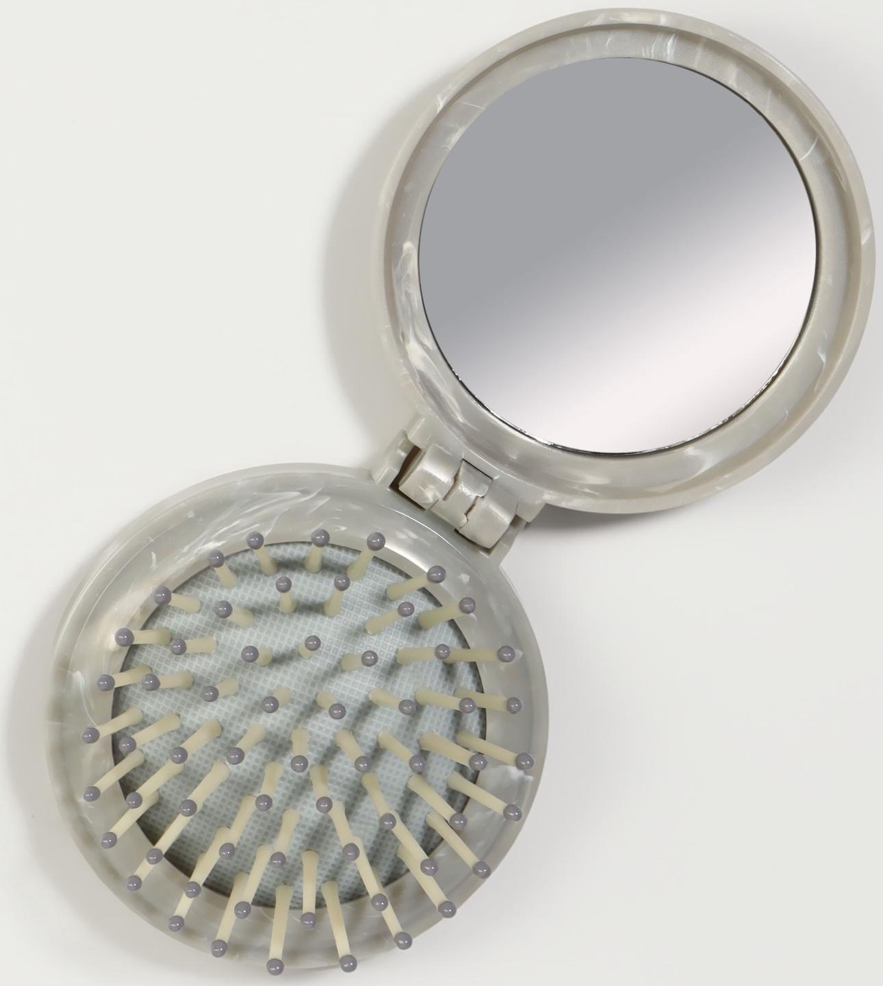 Расчёска массажная, складная, с зеркалом, d=7 см, серая