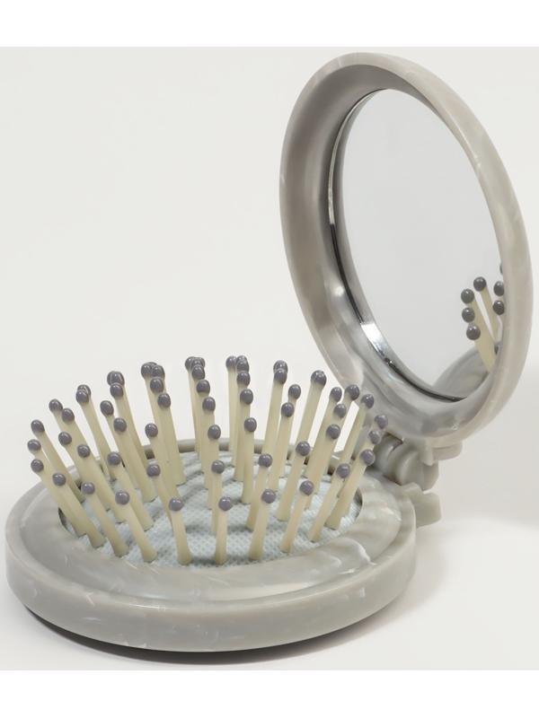 Расчёска массажная, складная, с зеркалом, d=7 см, серая