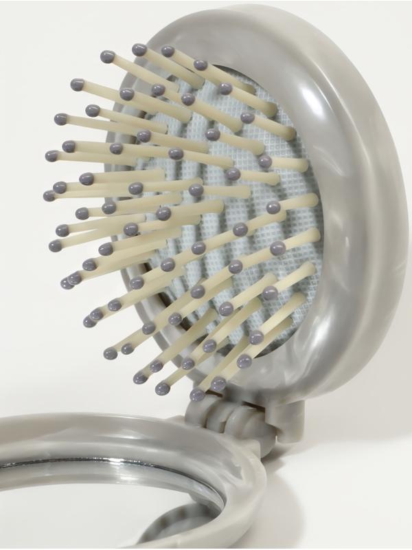 Расчёска массажная, складная, с зеркалом, d=7 см, серая