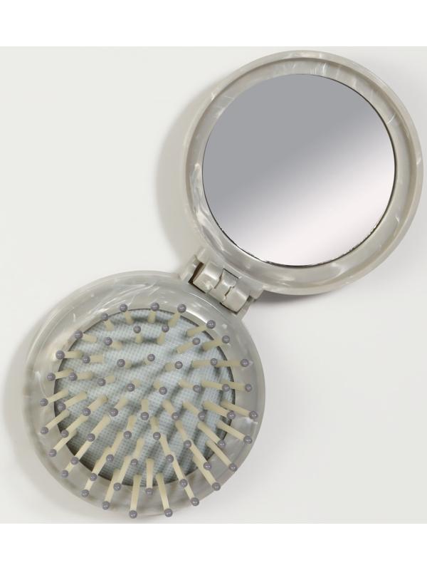 Расчёска массажная, складная, с зеркалом, d=7 см, серая