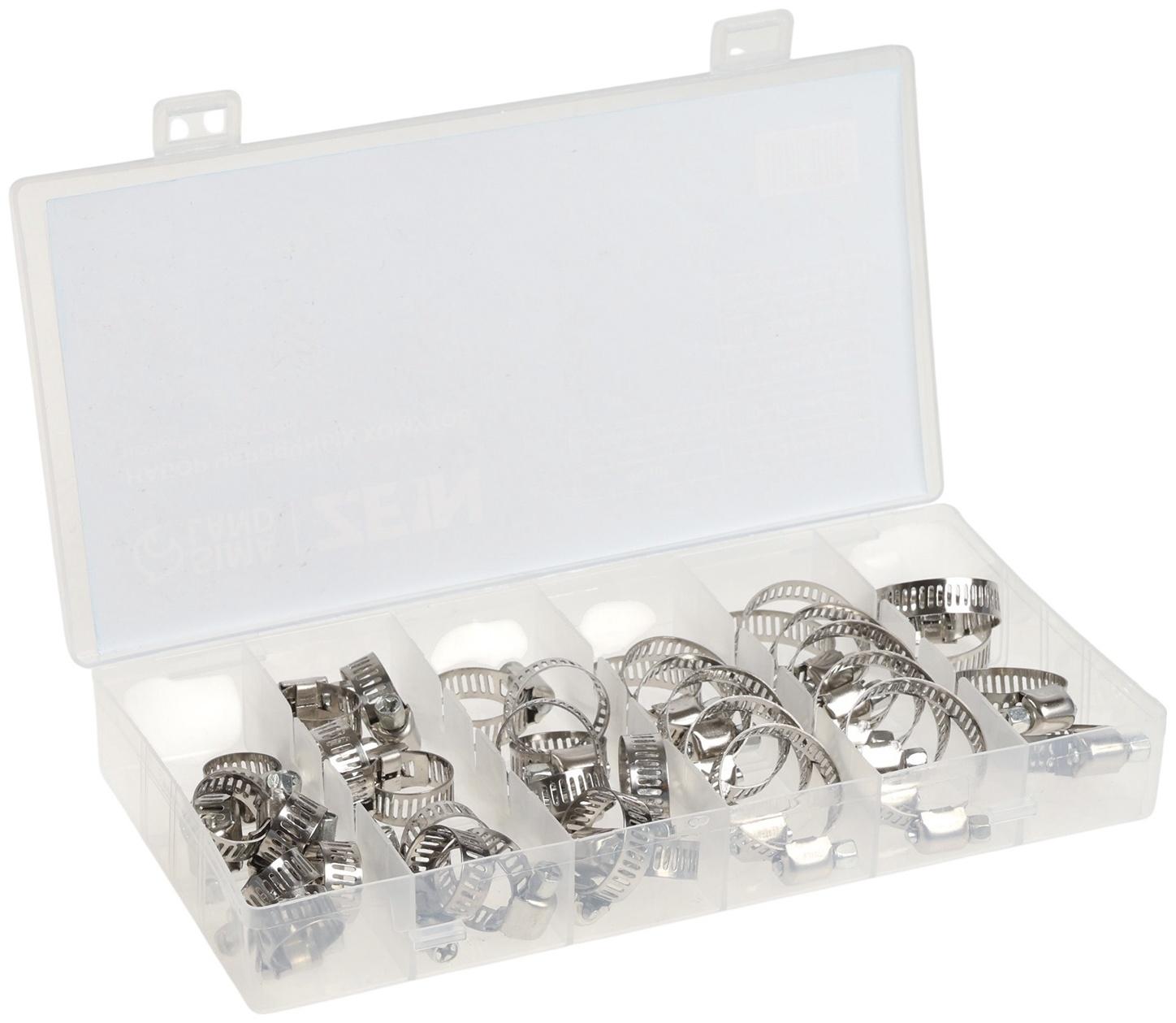 Набор червячных хомутов ZEIN engr, сквозная просечка, от 6 до 29 мм, нерж. сталь, 40 шт.