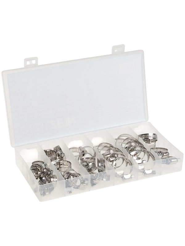 Набор червячных хомутов ZEIN engr, сквозная просечка, от 6 до 29 мм, нерж. сталь, 40 шт.