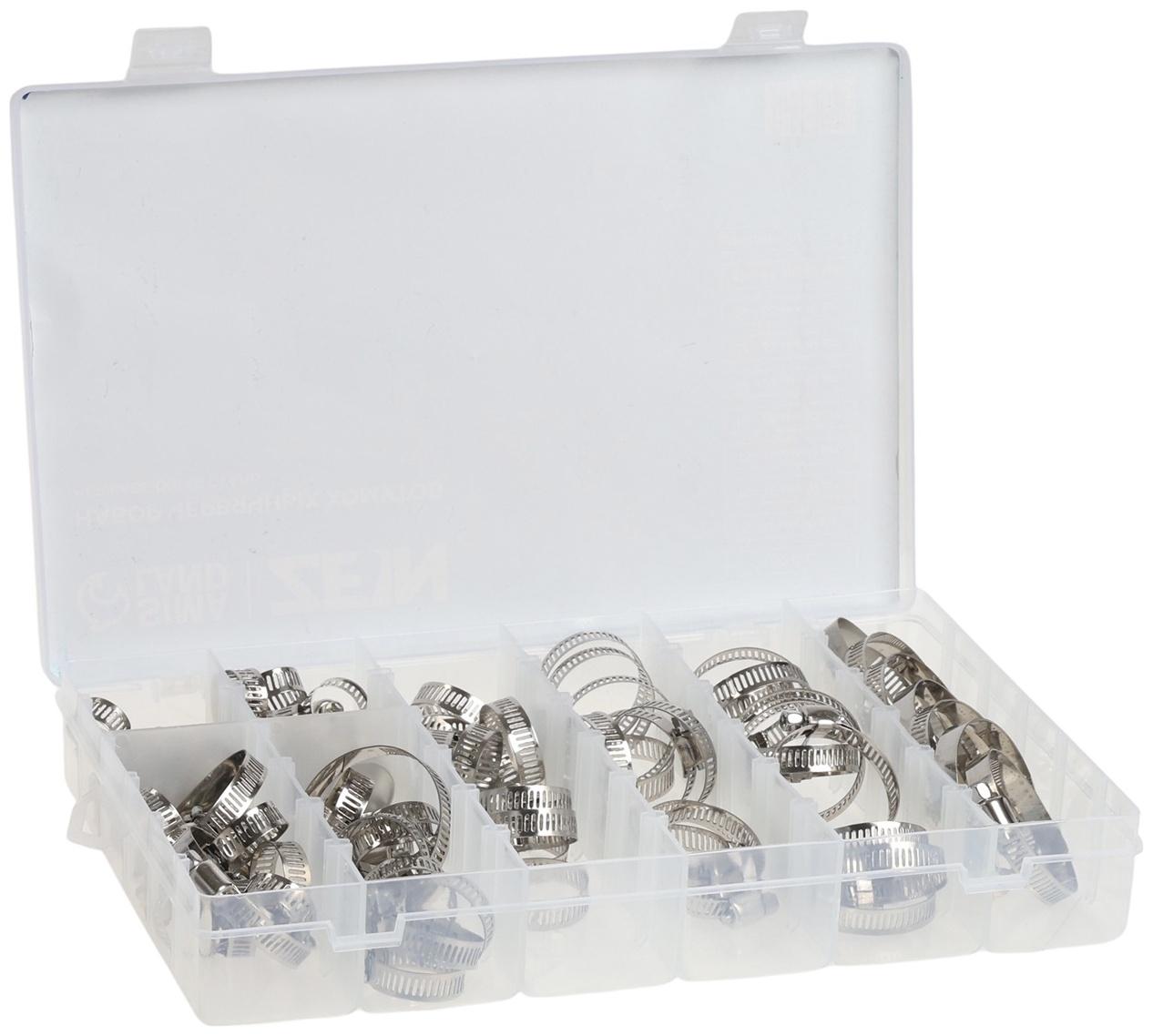 Набор червячных хомутов ZEIN engr, сквозная просечка, от 6 до 44 мм, нерж. сталь, 80 шт.