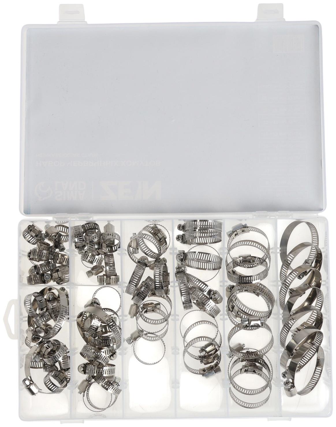 Набор червячных хомутов ZEIN engr, сквозная просечка, от 6 до 44 мм, нерж. сталь, 80 шт.