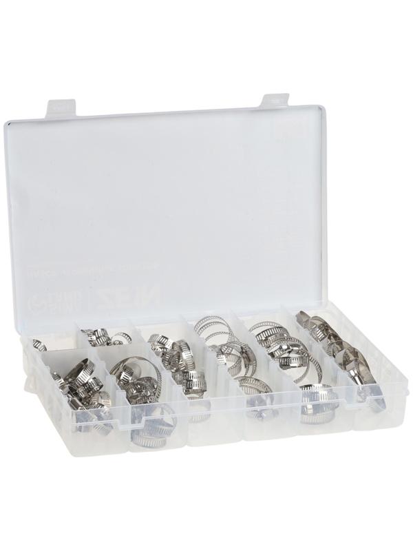 Набор червячных хомутов ZEIN engr, сквозная просечка, от 6 до 44 мм, нерж. сталь, 80 шт.