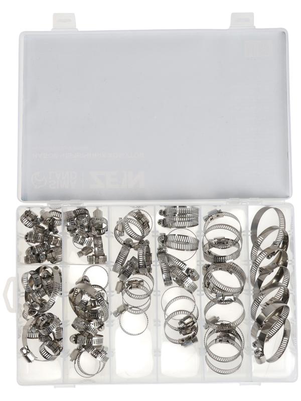 Набор червячных хомутов ZEIN engr, сквозная просечка, от 6 до 44 мм, нерж. сталь, 80 шт.