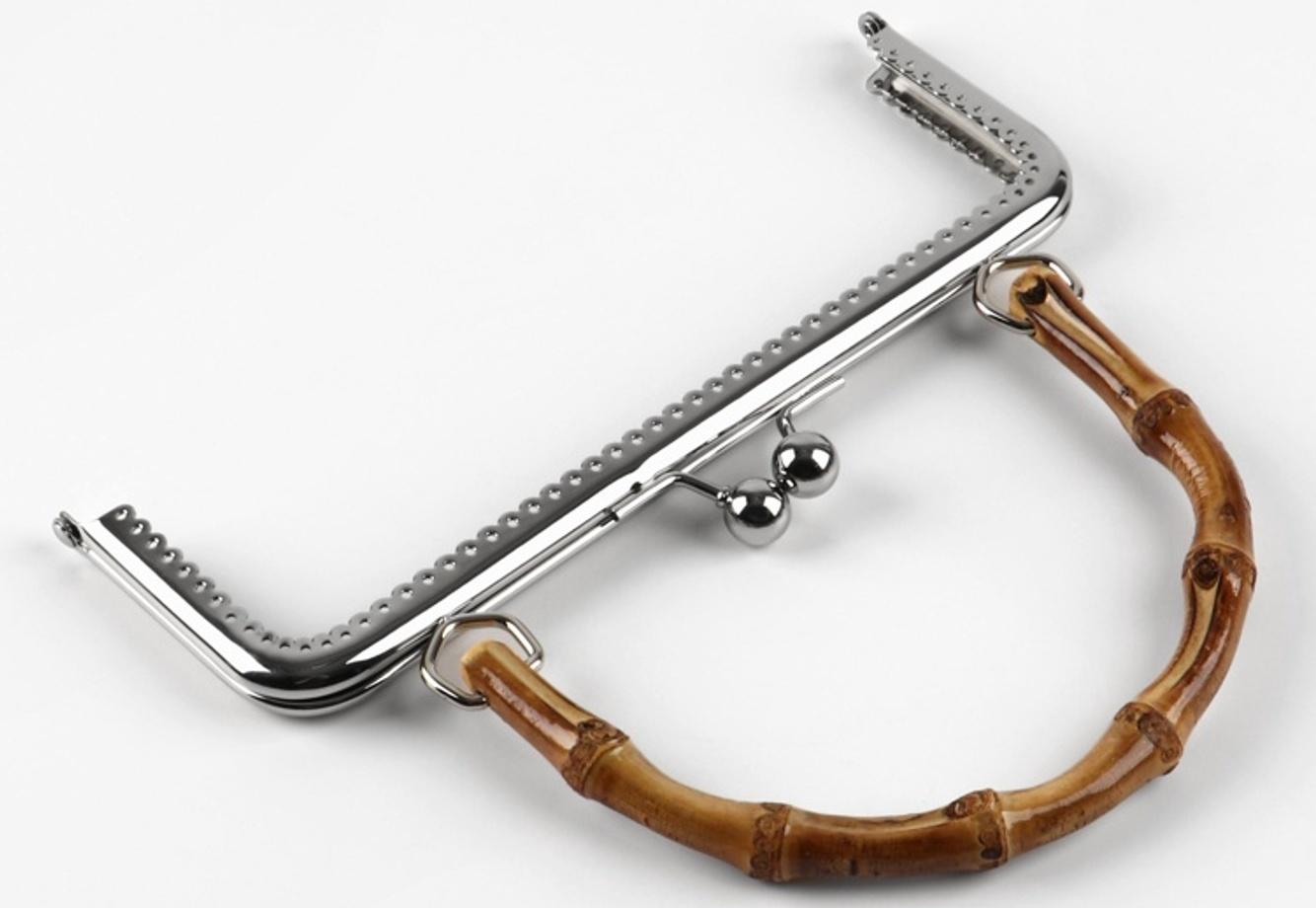 Фермуар пришивной, 21×9.5 см, с бамбуковой ручкой d=11×15.5 см, коричневый, серебряный