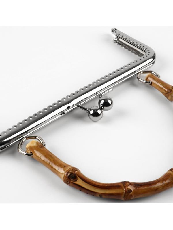 Фермуар пришивной, 21×9.5 см, с бамбуковой ручкой d=11×15.5 см, коричневый, серебряный