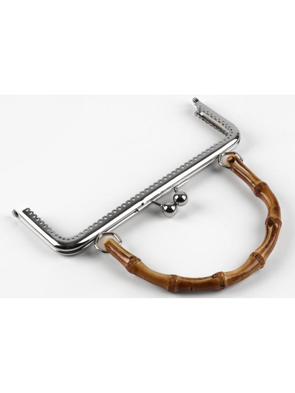 Фермуар пришивной, 21×9.5 см, с бамбуковой ручкой d=11×15.5 см, коричневый, серебряный