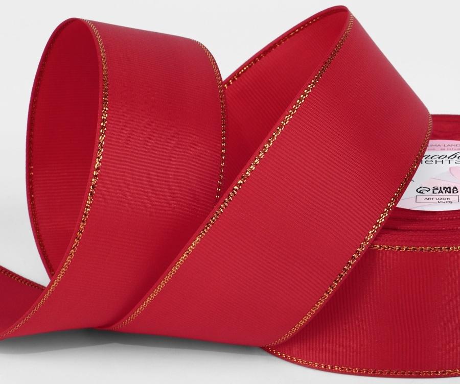 Лента репсовая, с золотым люрексом, 40 мм, 23±1 м, красная №026
