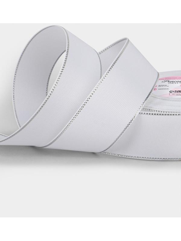 Лента репсовая, с серебряным люрексом, 40 мм, 23±1 м, белая №001