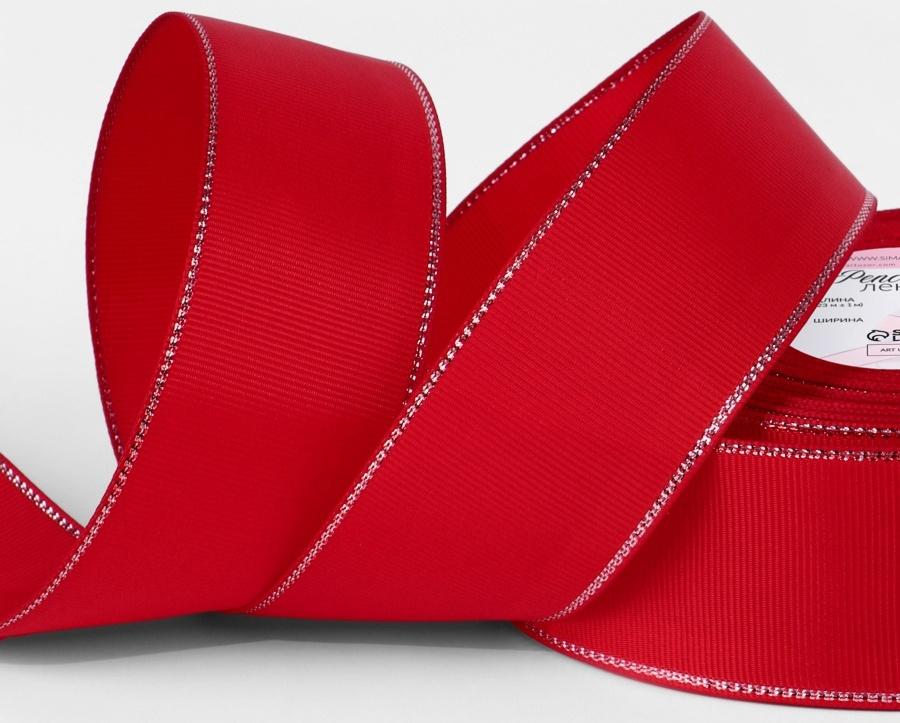 Лента репсовая, с серебряным люрексом, 40 мм, 23±1 м, красная №026
