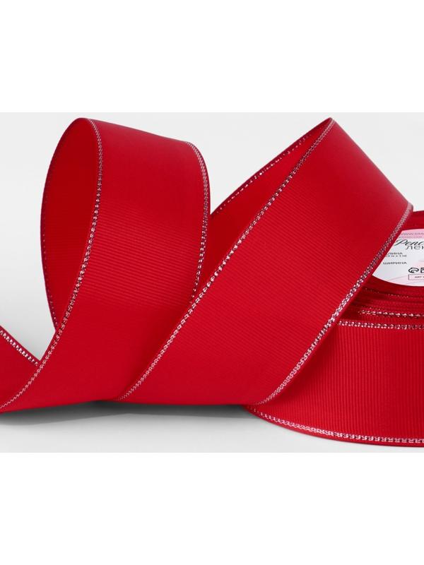 Лента репсовая, с серебряным люрексом, 40 мм, 23±1 м, красная №026