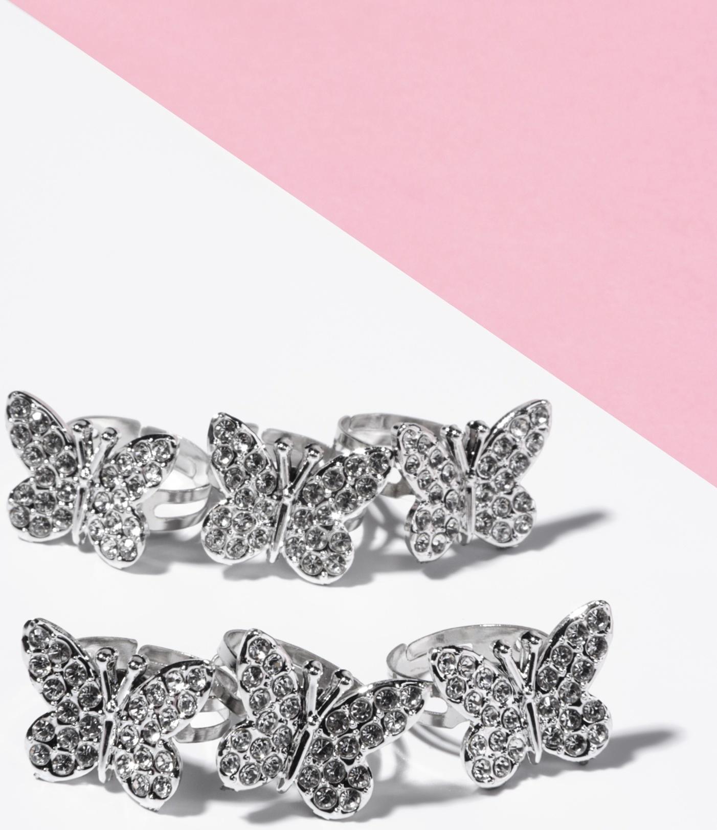 Кольцо детское Выбражулька «Бабочка», стразы, белое в серебре, безразмерное