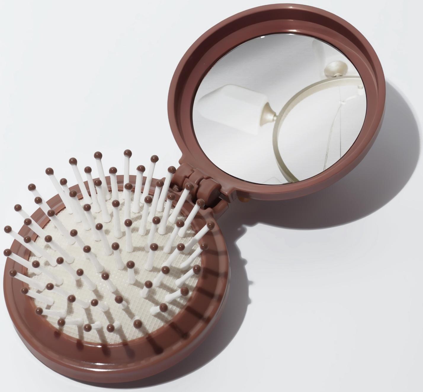 Расчёска массажная «Капибара», складная, с зеркалом, d=6.5 см, коричневая