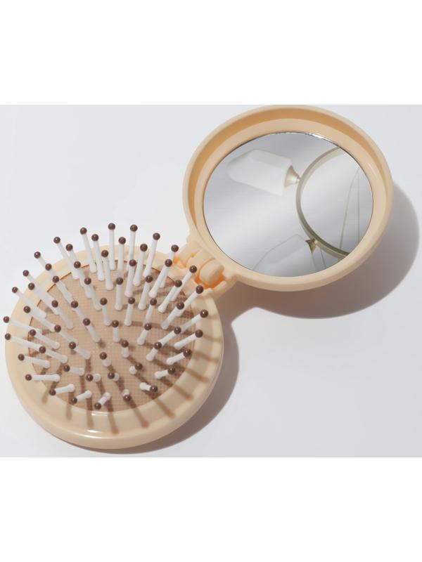 Расчёска массажная «Капибара», складная, с зеркалом, d=6.5 см, бежевая