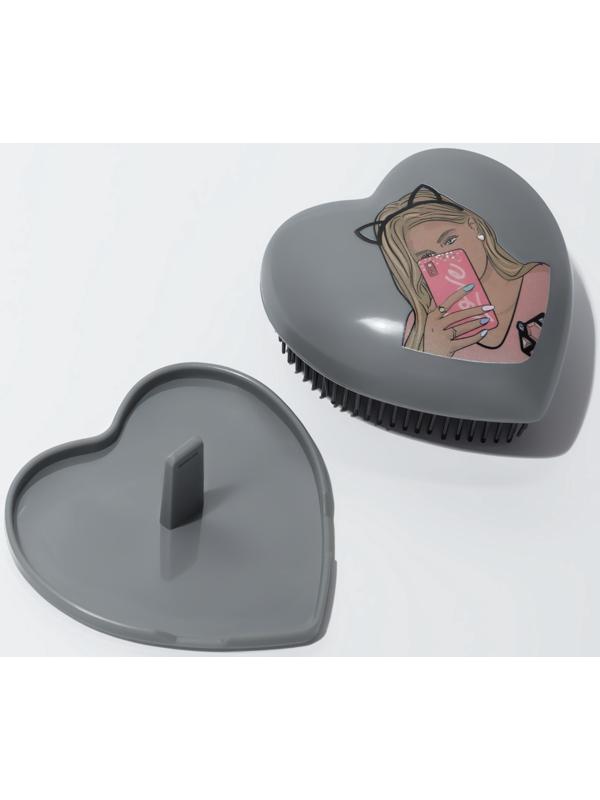 Расчёска массажная «Сердце», складная, 8.5×8.5 см, серая