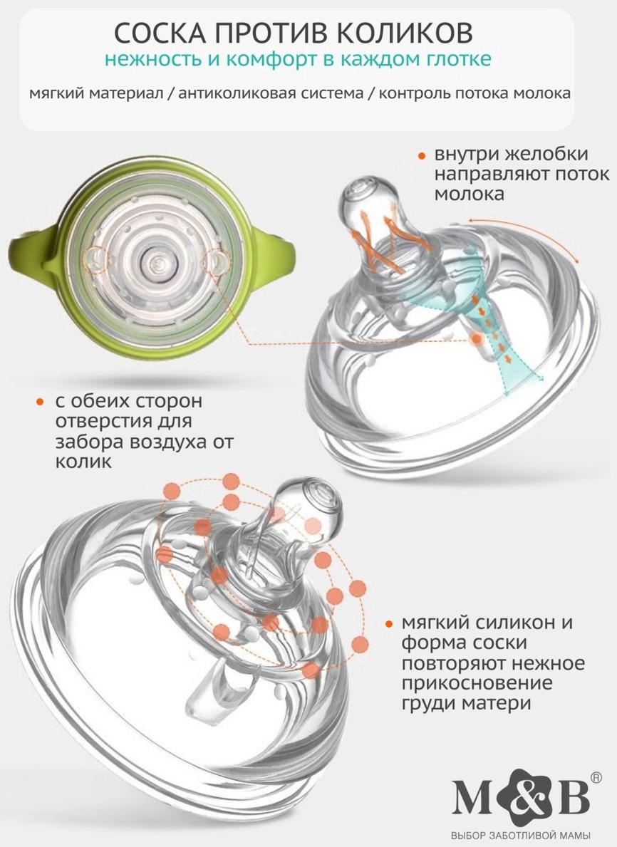 Соска для бутылочки силиконовой M&B, антиколиковая, +3мес., ШГ Ø70мм.