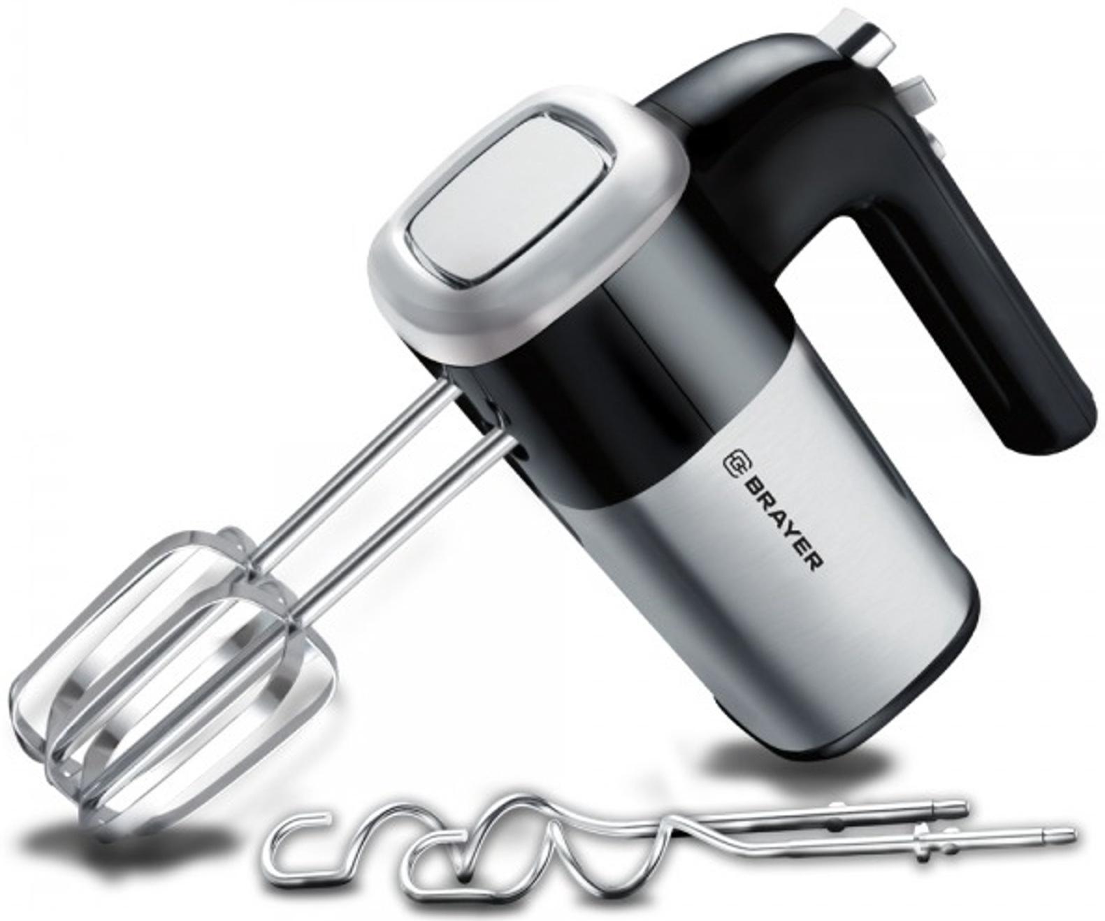 Миксер BRAYER 1302BR, ручной, 800 Вт, 5 скоростей, 2 насадки, чёрно-серый