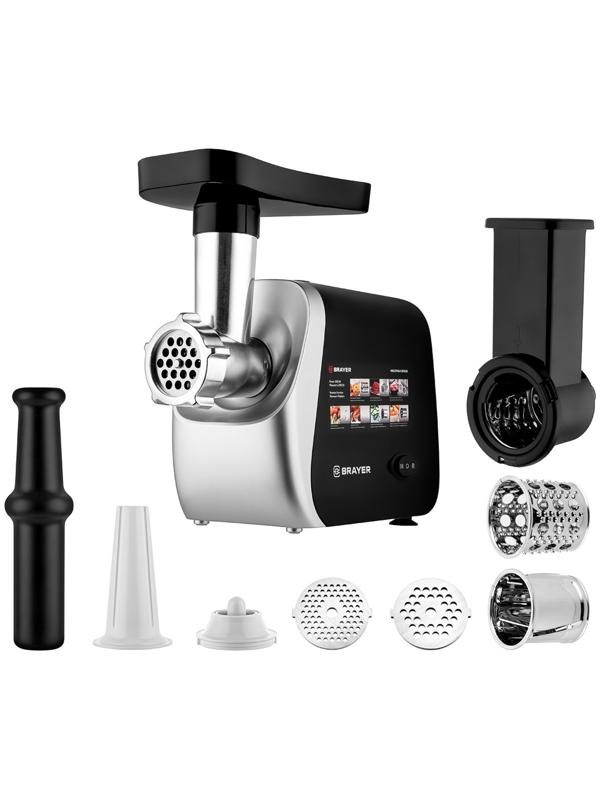 Мясорубка BRAYER 1608BR, электрическая, 2000 Вт, реверс, 3 диска, 4 насадки, 2 кг/мин