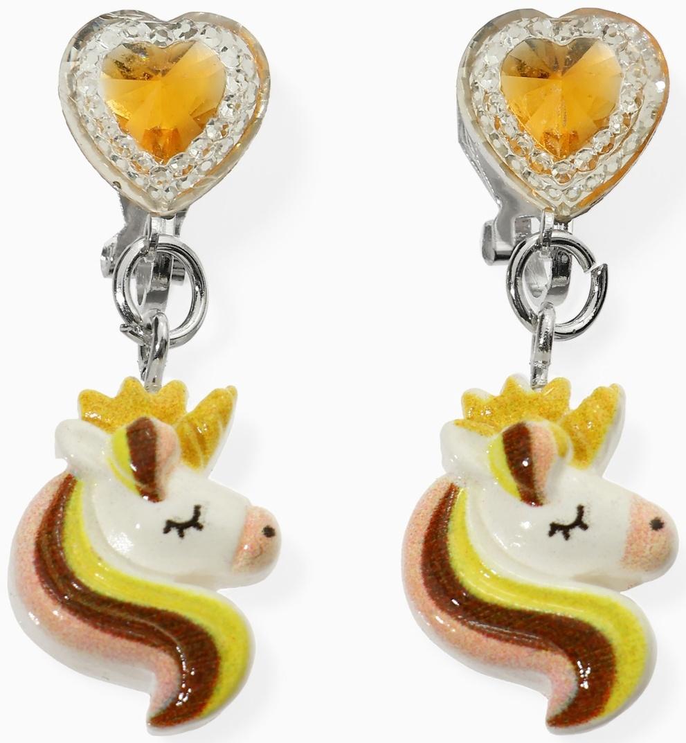 Серьги-клипсы детские «Выбражулька» единорог драгоценность с сердцем кристалл, жёлто-белые