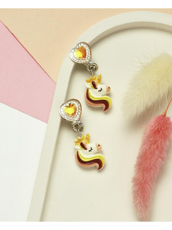 Серьги-клипсы детские «Выбражулька» единорог драгоценность с сердцем кристалл, жёлто-белые