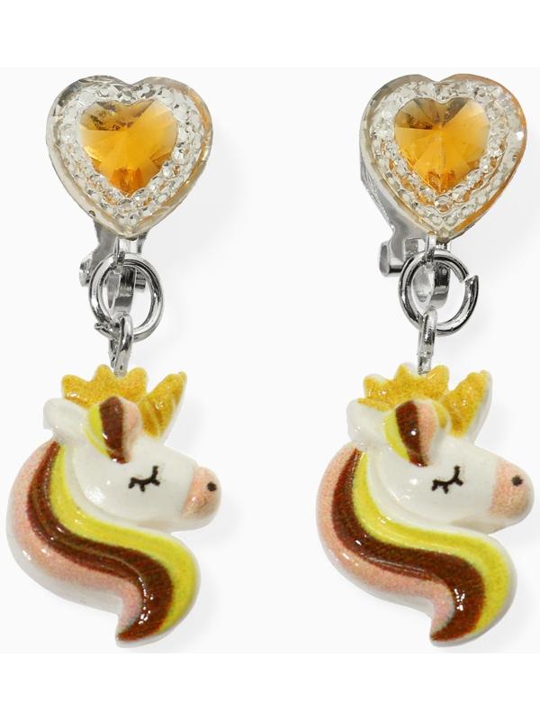 Серьги-клипсы детские «Выбражулька» единорог драгоценность с сердцем кристалл, жёлто-белые