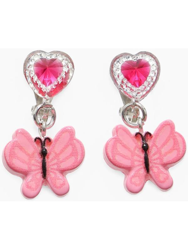 Серьги-клипсы детские «Выбражулька» бабочка драгоценность с сердцем кристалл, розовые