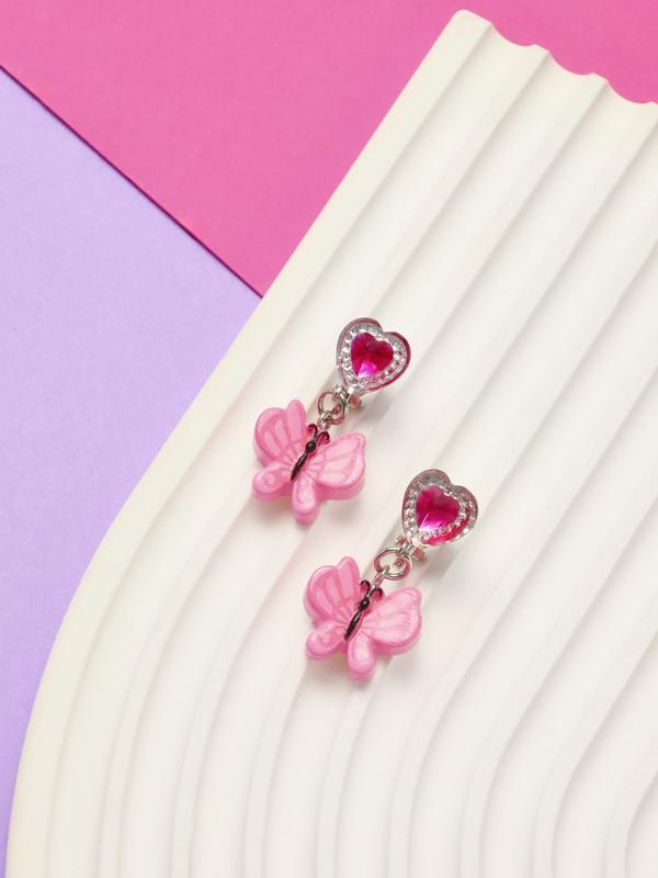 Серьги-клипсы детские «Выбражулька» бабочка драгоценность с сердцем кристалл, розовые