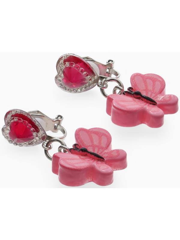 Серьги-клипсы детские «Выбражулька» бабочка драгоценность с сердцем кристалл, розовые