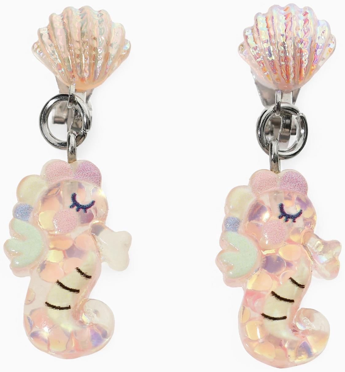 Серьги-клипсы детские «Выбражулька» морской конек с ракушкой перламутр, розово-белые