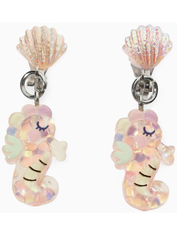 Серьги-клипсы детские «Выбражулька» морской конек с ракушкой перламутр, розово-белые