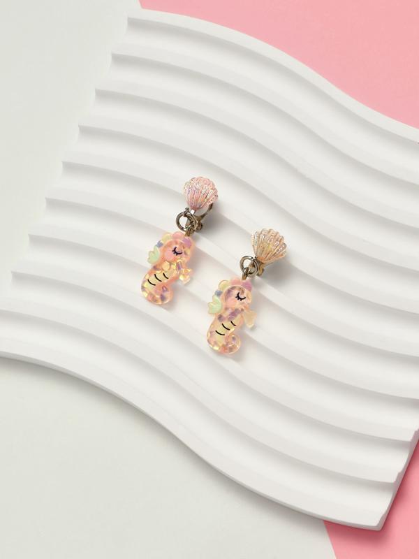 Серьги-клипсы детские «Выбражулька» морской конек с ракушкой перламутр, розово-белые