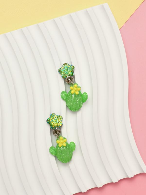 Серьги-клипсы детские «Выбражулька» кактус с звездой кристалл, зелёные