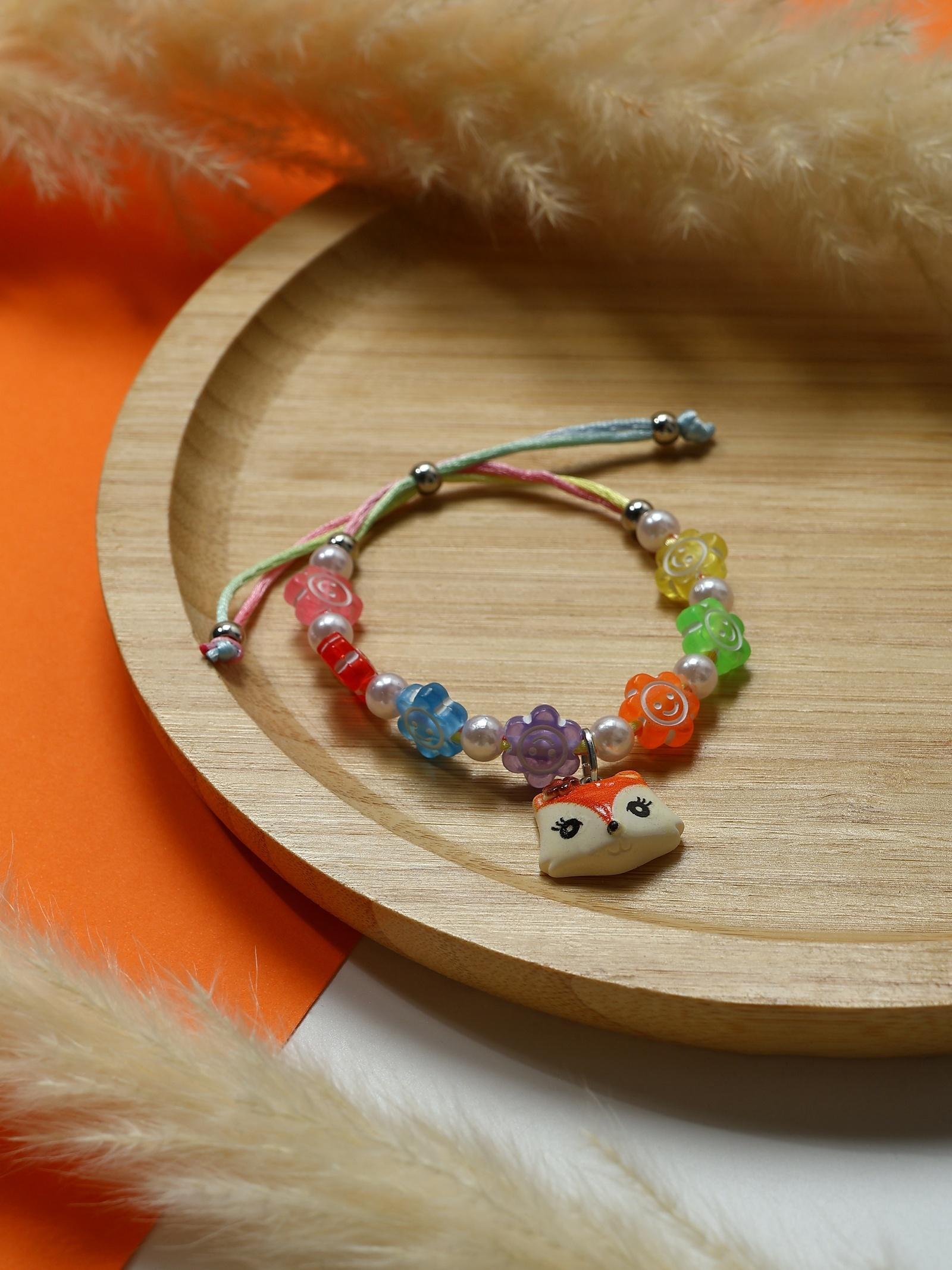 Браслет детский «Выбражулька» на затяжке, лиса с бусинами смайлы, цветной