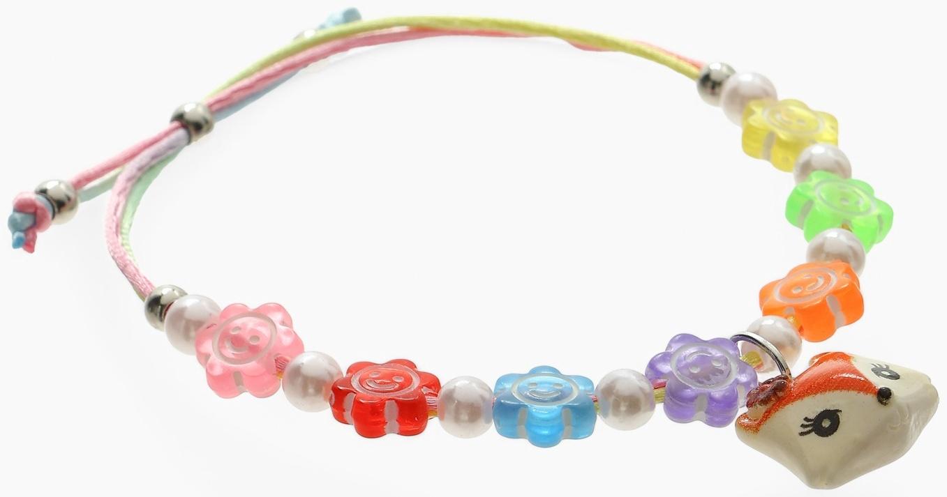 Браслет детский «Выбражулька» на затяжке, лиса с бусинами смайлы, цветной