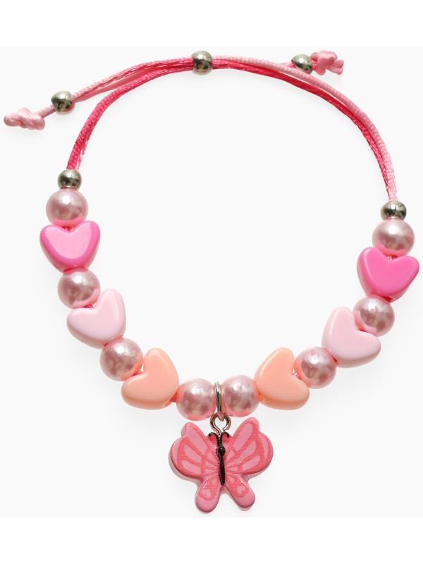 Браслет детский «Выбражулька» на затяжке, бабочка с бусинами сердце, розовый