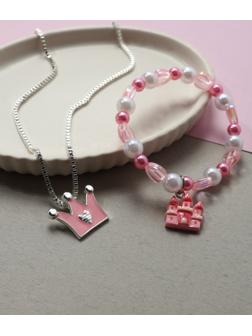 Набор детский Выбражулька «Корона», 2 предмета: кулон, браслет, замок, бело-розовый
